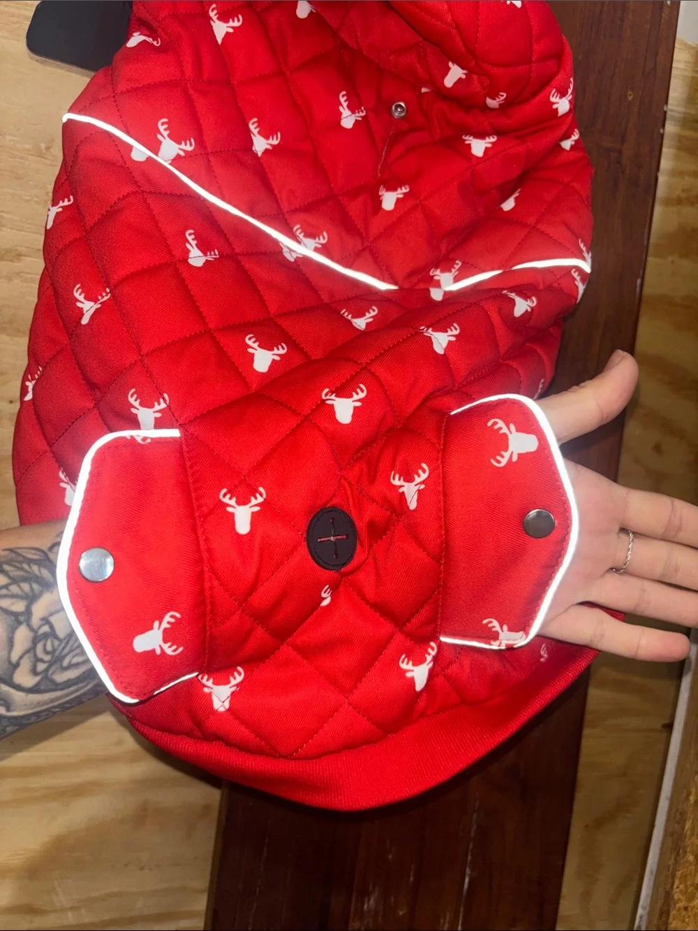 Red Quilted Puffer Jacket with Deer Print